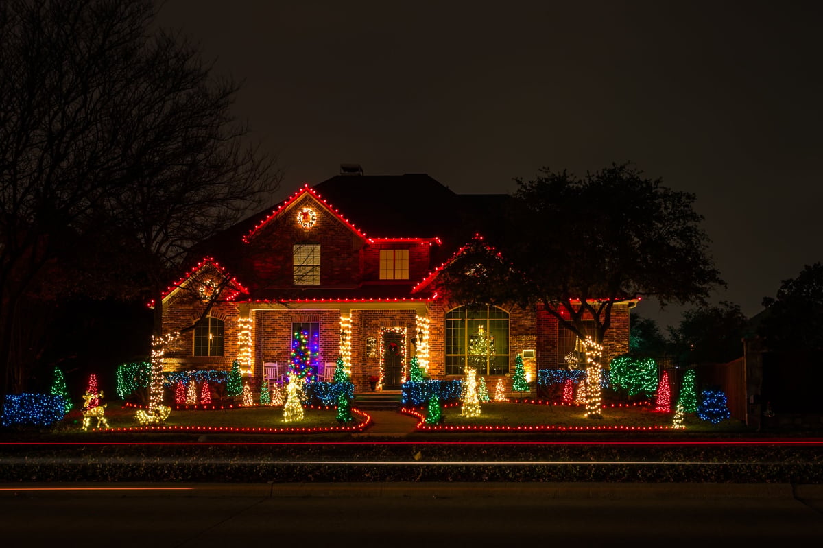 Private residence house decorated and illuminated for Christmas