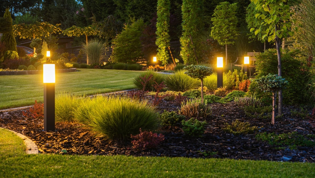Panoramic photo of LED light posts illuminating backyard garden during night hours