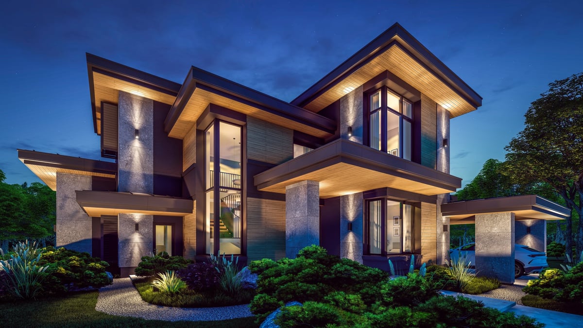 Modern cozy house with pool and luxurious landscaping on a clear summer night