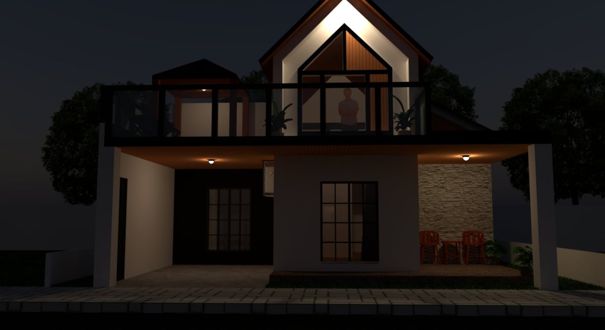 Modern two-story house with sleek exterior design and illuminated balcony and patio lighting at night