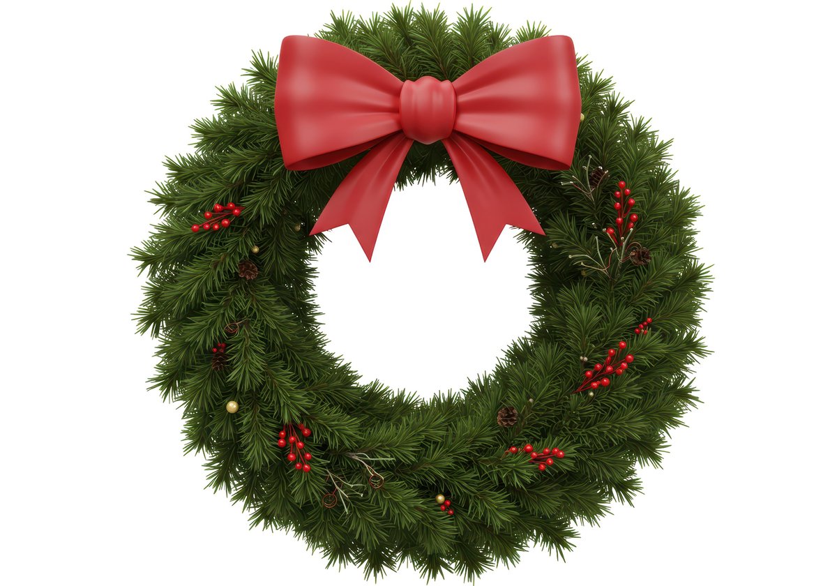 Isolated Christmas wreath with red bow and decorations