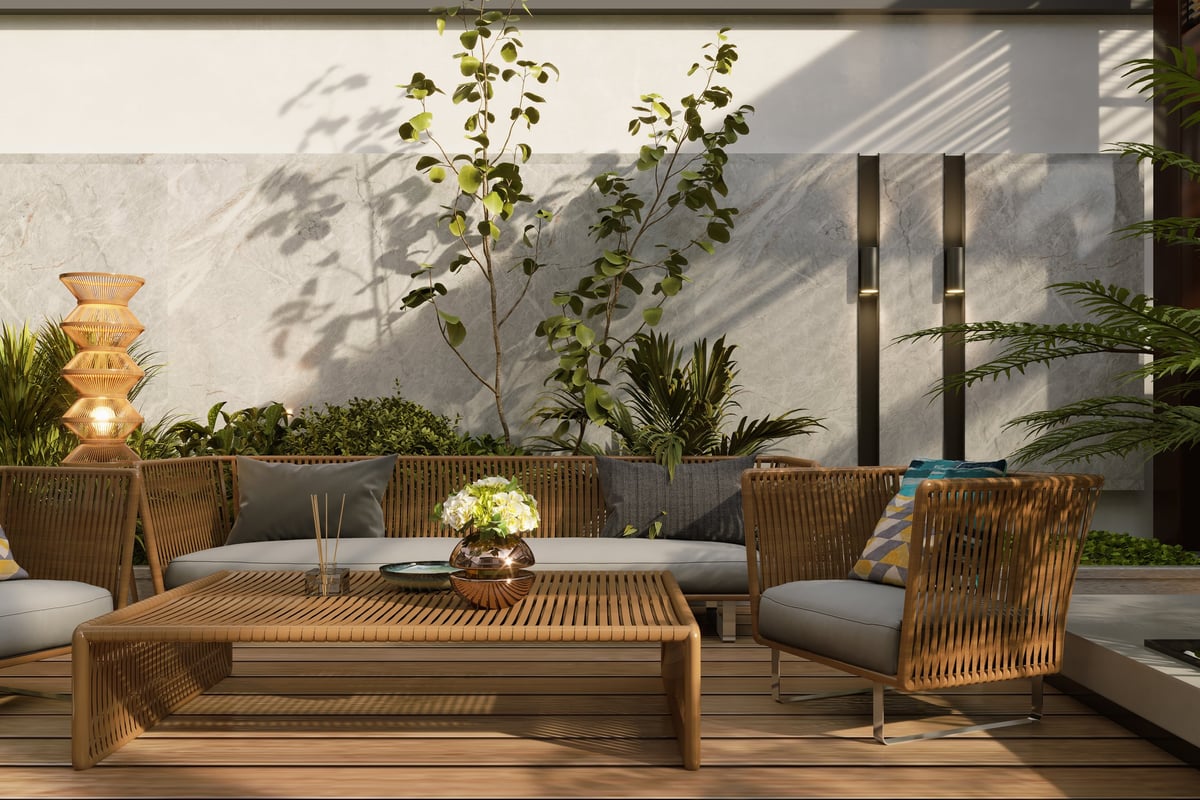 Modern beautiful home terrace with pool and garden lighting design
