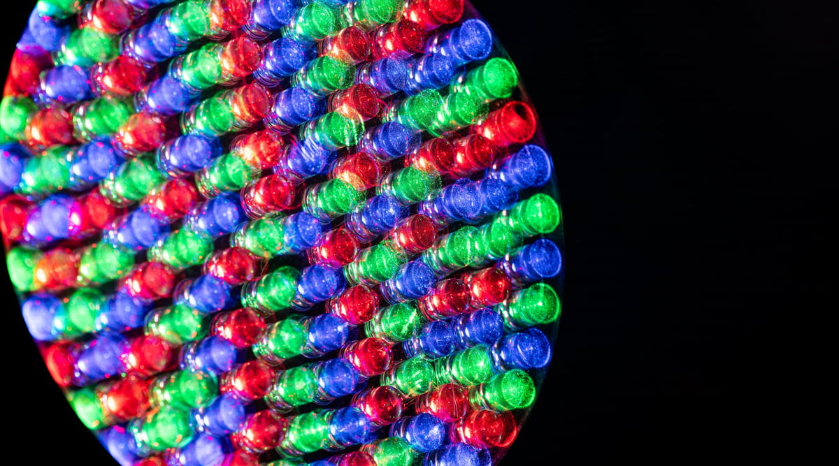 Close up detail of red green and blue LED diodes on a professional lighting fixture