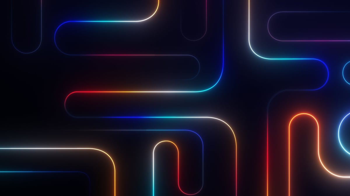 Neon LED light lines on dark background, glowing geometric curves and multicolor luminous paths